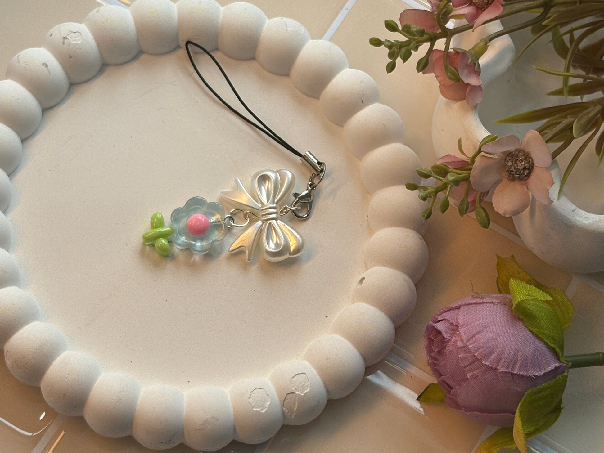 Silver Bow & Blue Flower Resin Phone Charm | Cute Kawaii Phone Strap | Handmade Pastel Accessory