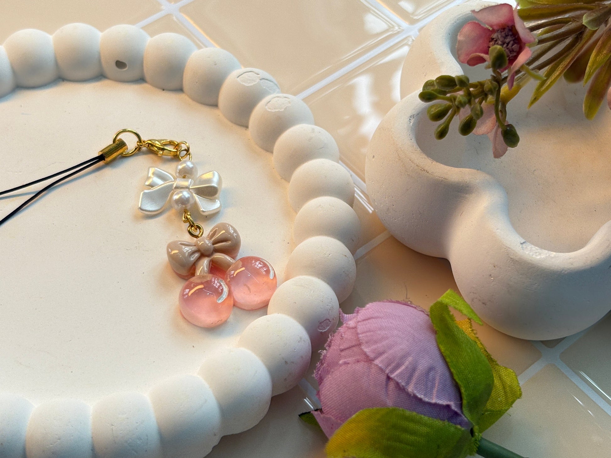 Glossy Pink Cherry Bow Phone Charm | Handmade Resin Accessory | Elegant Girly Kawaii Keychain