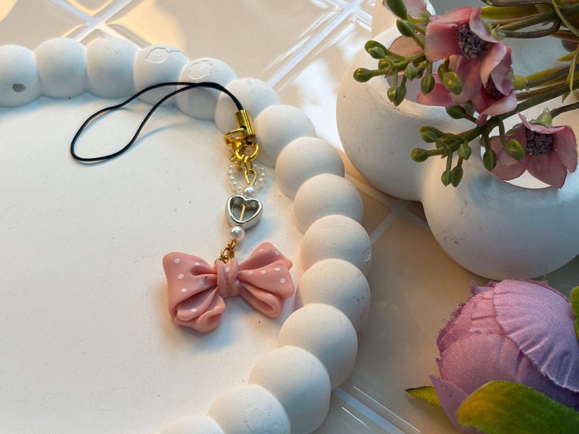 Polka Dot Bow & Heart Bead Phone Charm | Pink Aesthetic Handmade Accessory | Kawaii Girl Gift