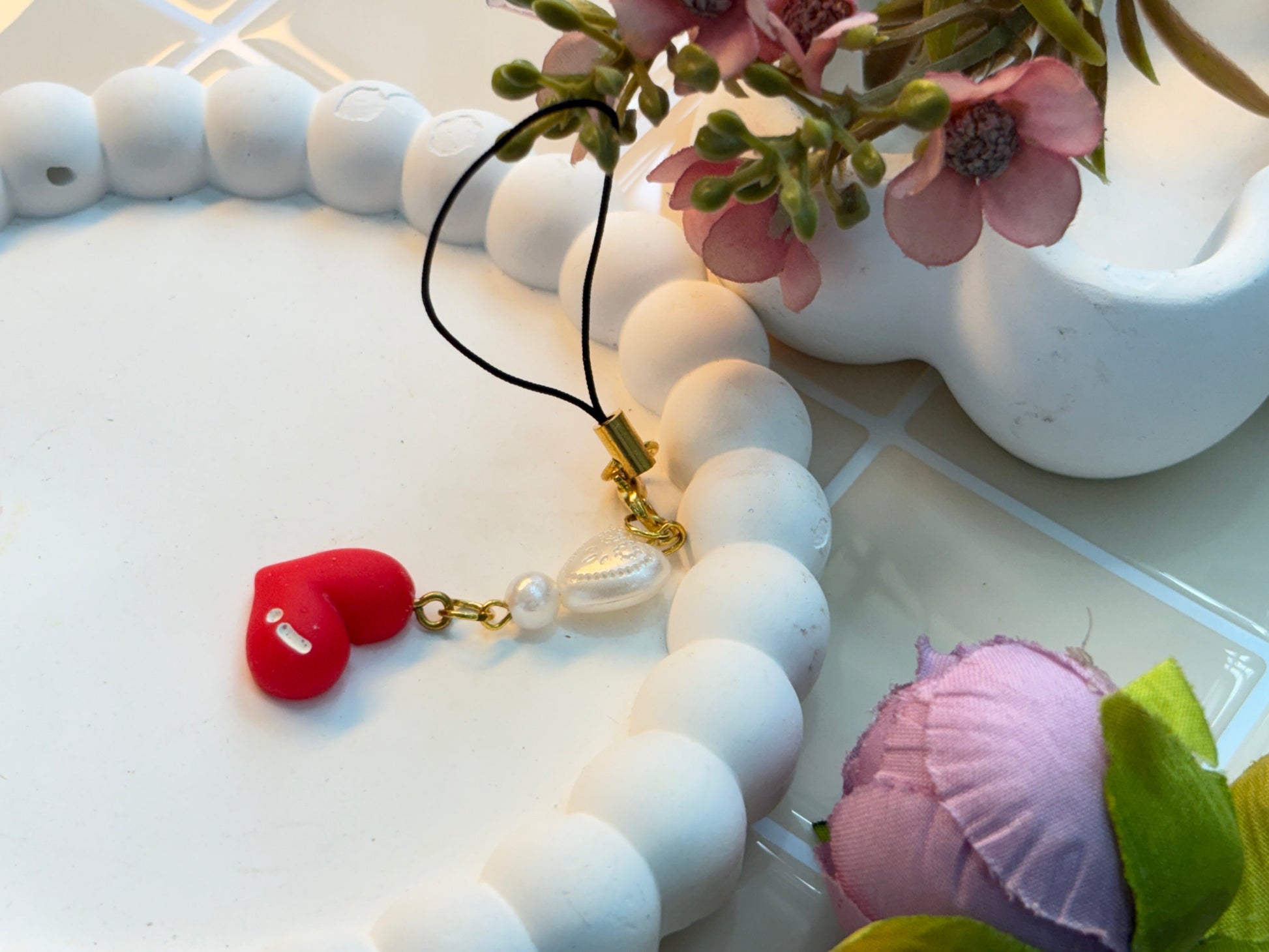 Red Heart Smile Charm Strap | Polymer Clay Charm | Pearl & Gold Accent | Cute Kawaii Keychain Accessory for Phone, Bag, or Planner