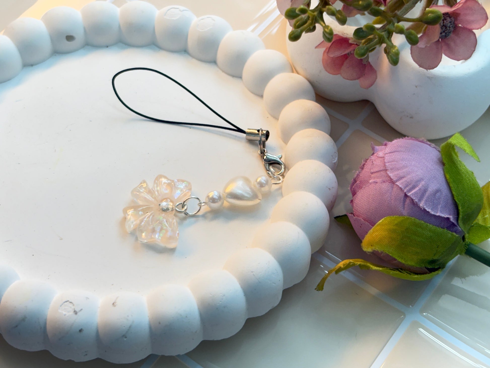 Clear Iridescent Ribbon Bow Charm | Resin Charm with Pearl Beads | Elegant Minimalist Kawaii Phone Strap or Girly Accessory