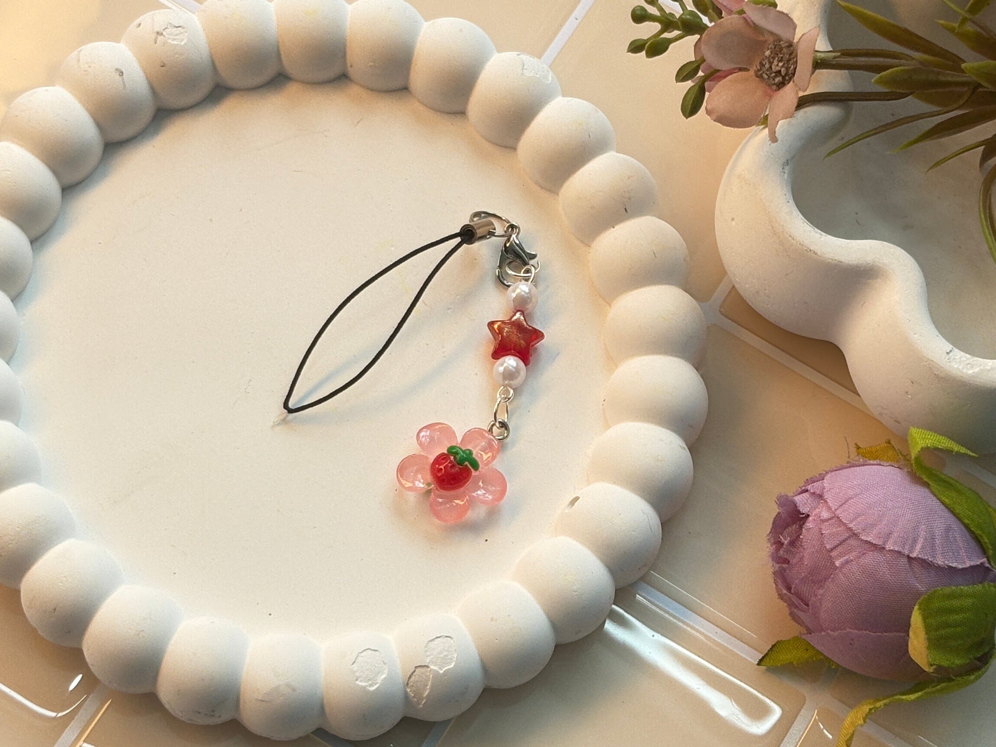 Red Star & Strawberry Flower Charm Strap | Kawaii Red Star with Pink Flower and Berry Center | Sweet Phone Accessory