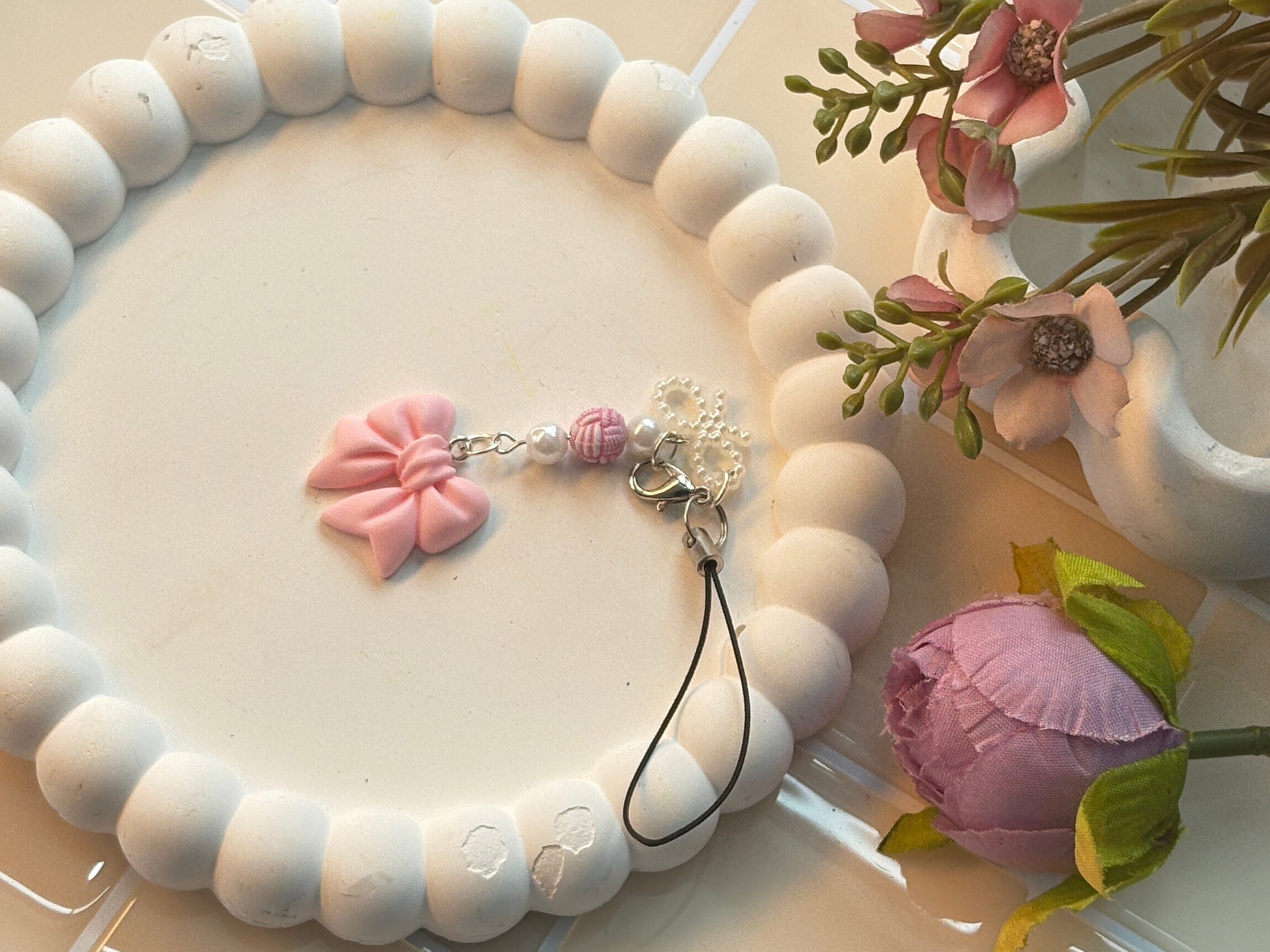 Pink Bow Charm Strap | Sweet Ribbon Charm with Beaded Accents | Soft and Elegant Kawaii Accessory