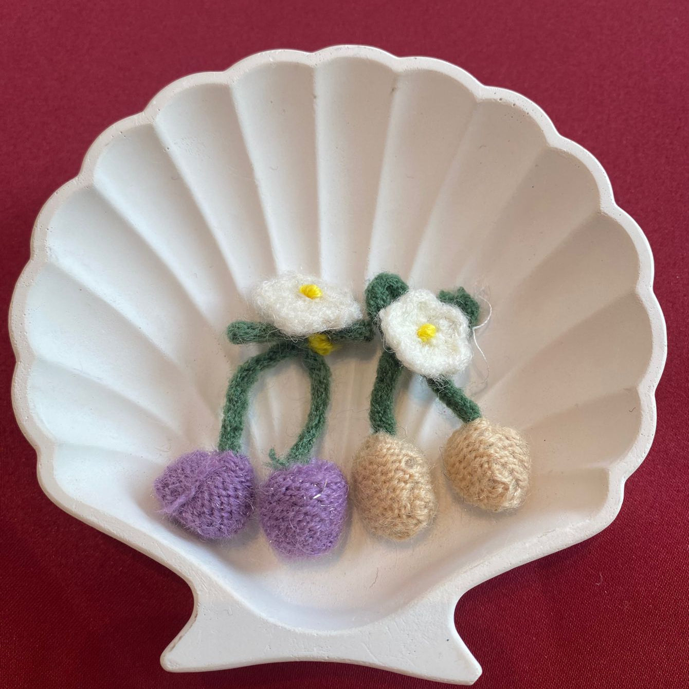 Cherry Blooms| knitted |cute and aesthetic| purple and beige | white flowers | white and green |