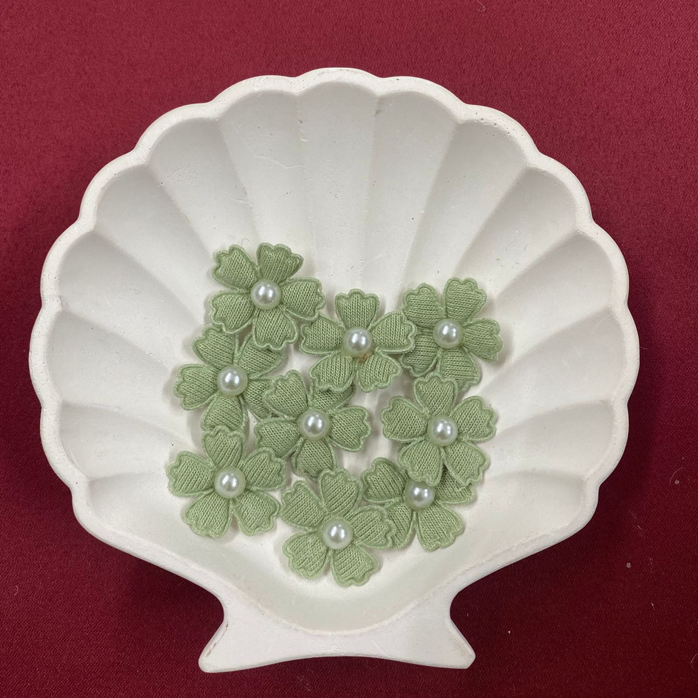 Sage Green Embroidered Clover Flowers | Pearl Center Appliqués | Cottagecore Floral Embellishments | Textile Leaves & Blossoms