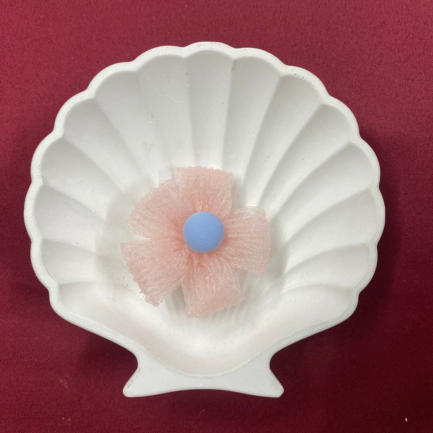 Pale Peach Tulle Bow Flower | Soft Balletcore Clip | Sky Blue Button Center | Girly & Graceful | Delicate