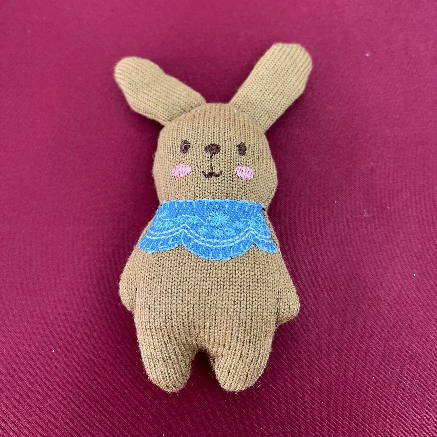 Knitted Brown Bunny Plush Toy | Handmade Soft Rabbit with Blue Lace Collar | Cute Mini Plush for Kids or Nursery Décor | Cozy and Child-Friendly Bunny Stuffed Animal