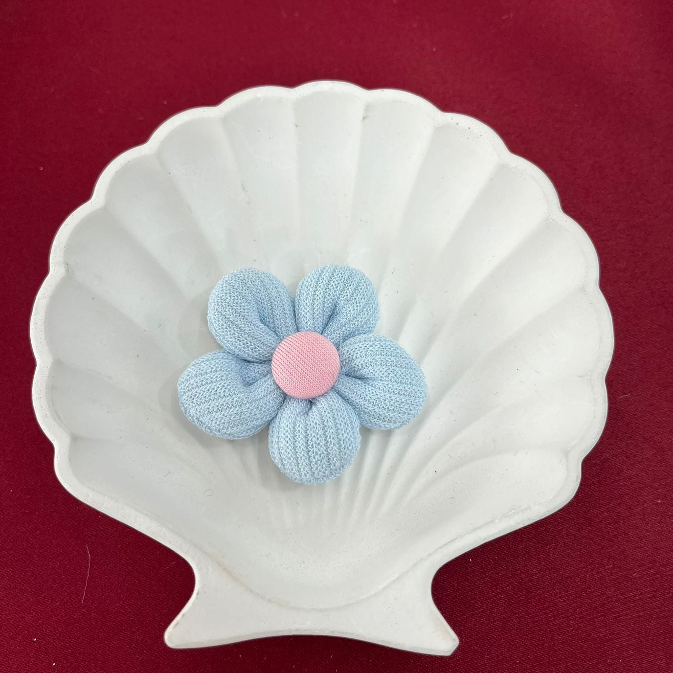 Blue Flower Plush Applique | Soft Knitted Fabric Flower with Pink Center | 3D Floral Embellishment for Clothing, Crafts & Handmade Décor