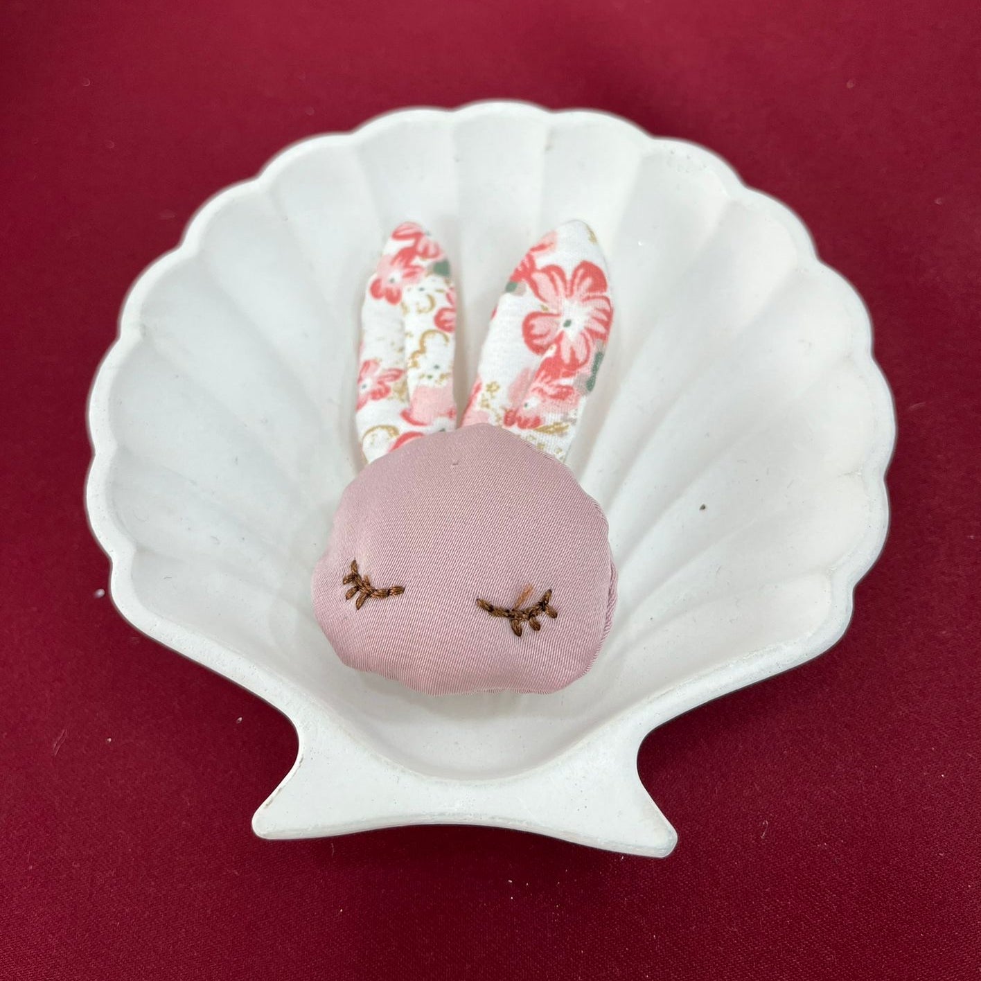 Pink Floral Bunny Plush | Handmade Rabbit Softie with Closed Eyes | Blush Bunny with Floral Ears |