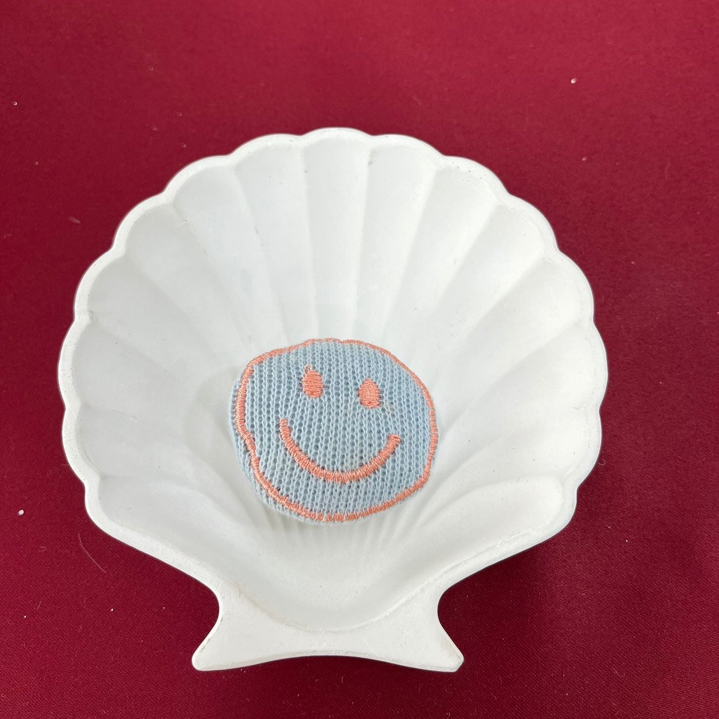 Smiley Face Plush Patch | Embroidered Blue Soft Round Plush with Coral Smile | Cheerful Fabric Decoration