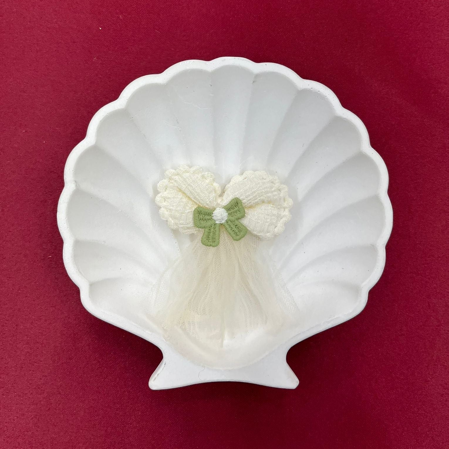 Ivory Bow with Green Ribbon Accent | Wedding-Inspired Decorative Appliqué | Romantic Tulle Craft Embellishment for DIY Projects |