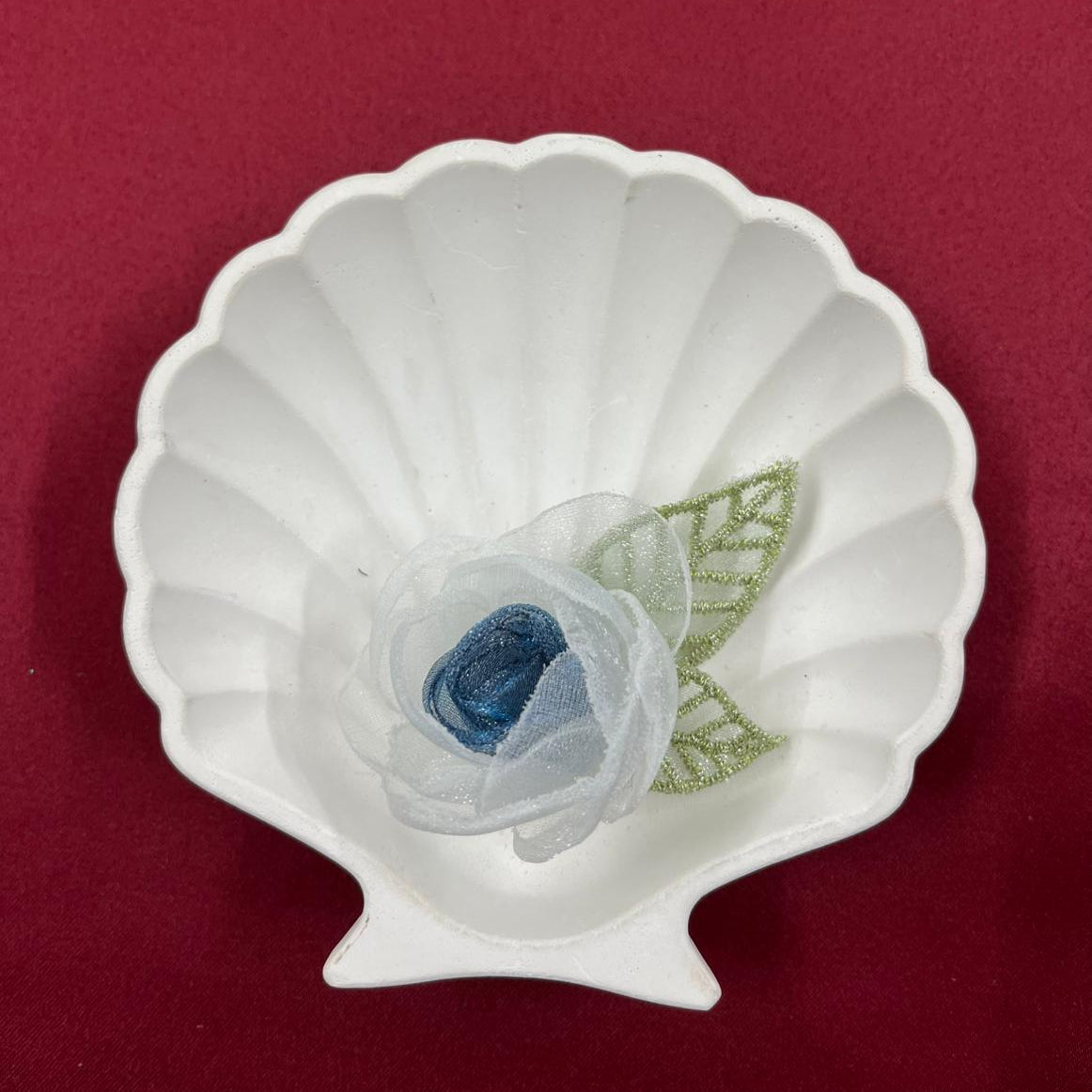 White & Blue Organza Rose with Embroidered Leaves | Elegant Handmade Fabric Flower Accent for Decoration & Crafts| Non-Ironable | Glue/Sew On