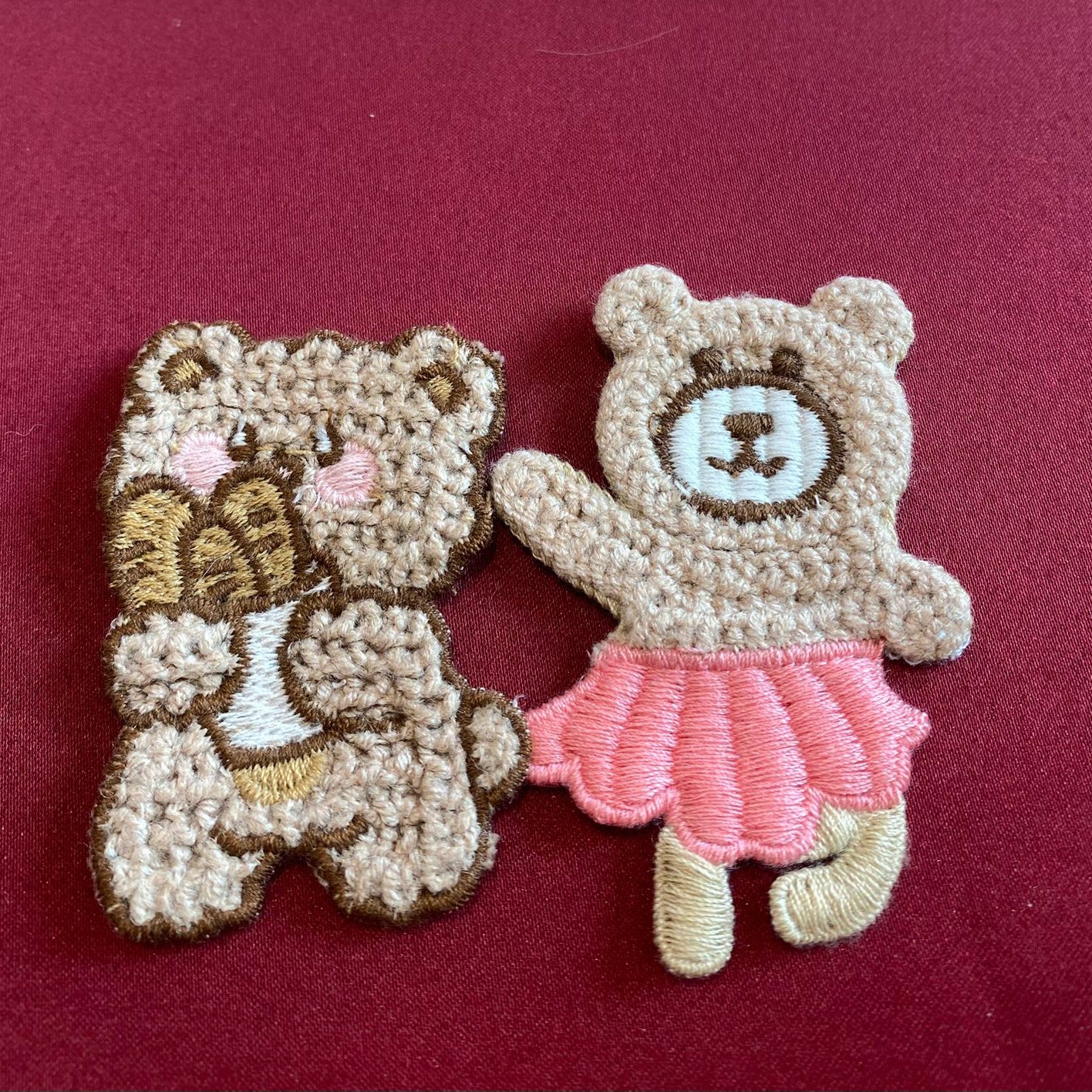 Honey bears | patch | beige color| pink skirt| cute bears | cute and aesthetic| crocheted patch| Non-Ironable | Glue/Sew On