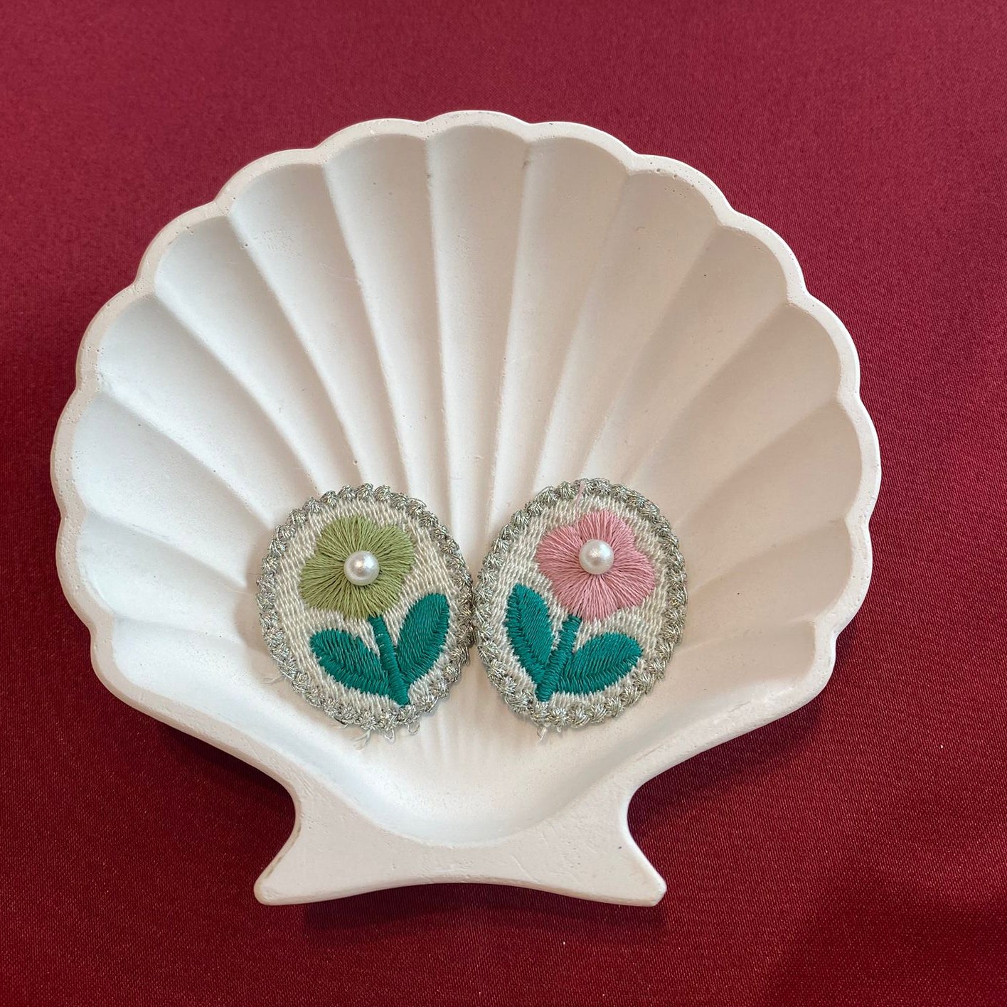 Twin bell flowers| cute and aesthetic | pink and green | detailing| thread work | pearl bead | patches| Non-Ironable | Glue/Sew On