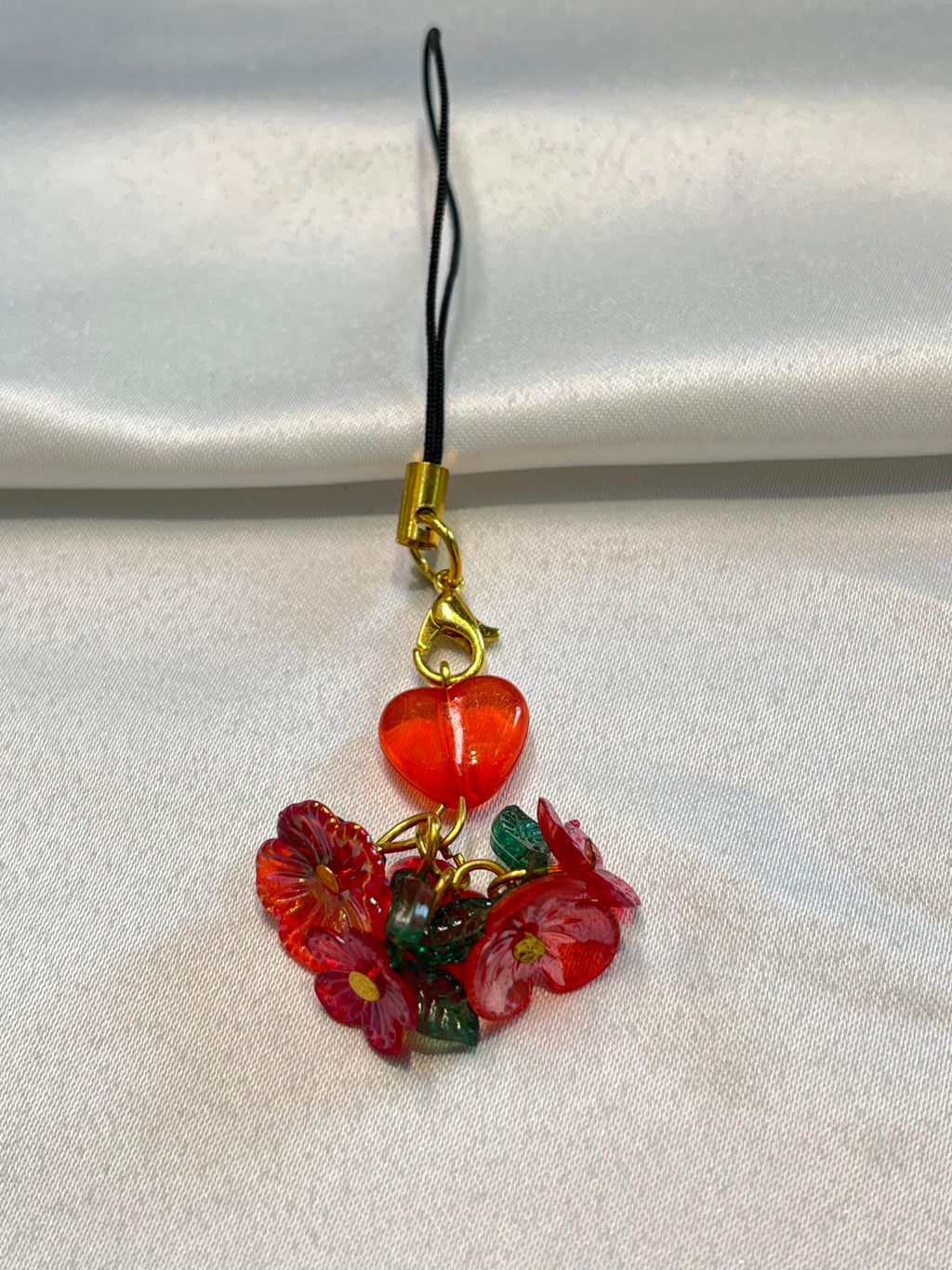 Cherry Crush Charm| Red Heart & Floral Charm with Gold Detailing | Kawaii charm for phones| red flowers|red heart