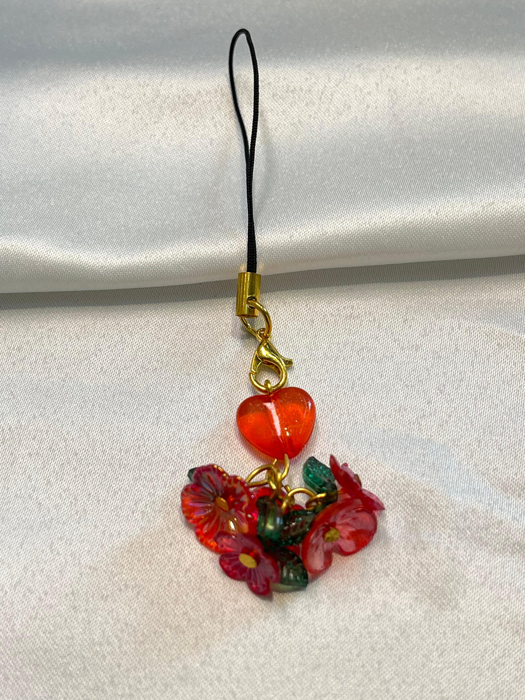 Cherry Crush Charm| Red Heart & Floral Charm with Gold Detailing | Kawaii charm for phones| red flowers|red heart