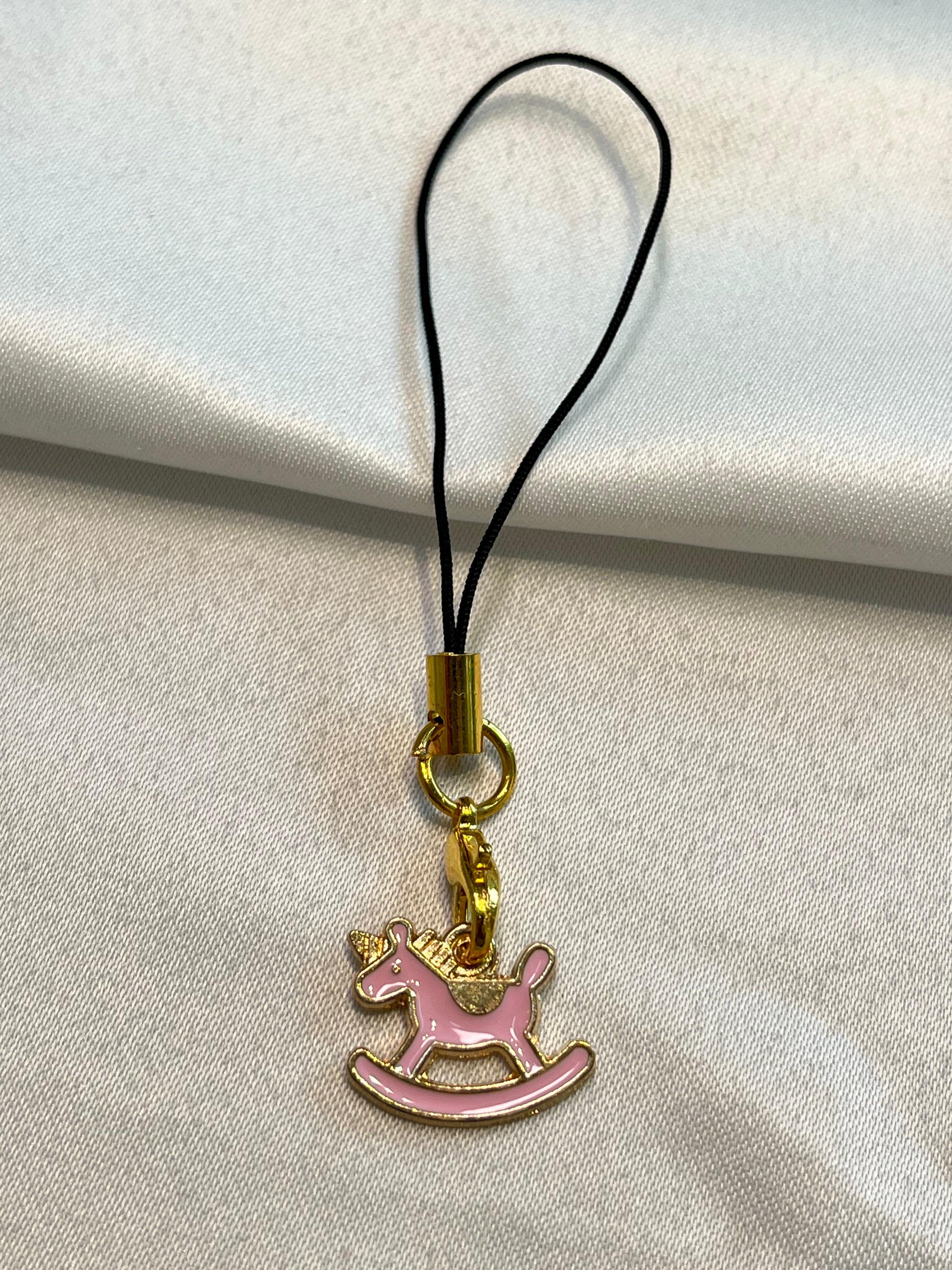 Dreamy Pony Ride | phoneCharm | Pink Rocking Horse Unicorn Keychain | Whimsical Accessory with Golden Touch| pink Horse