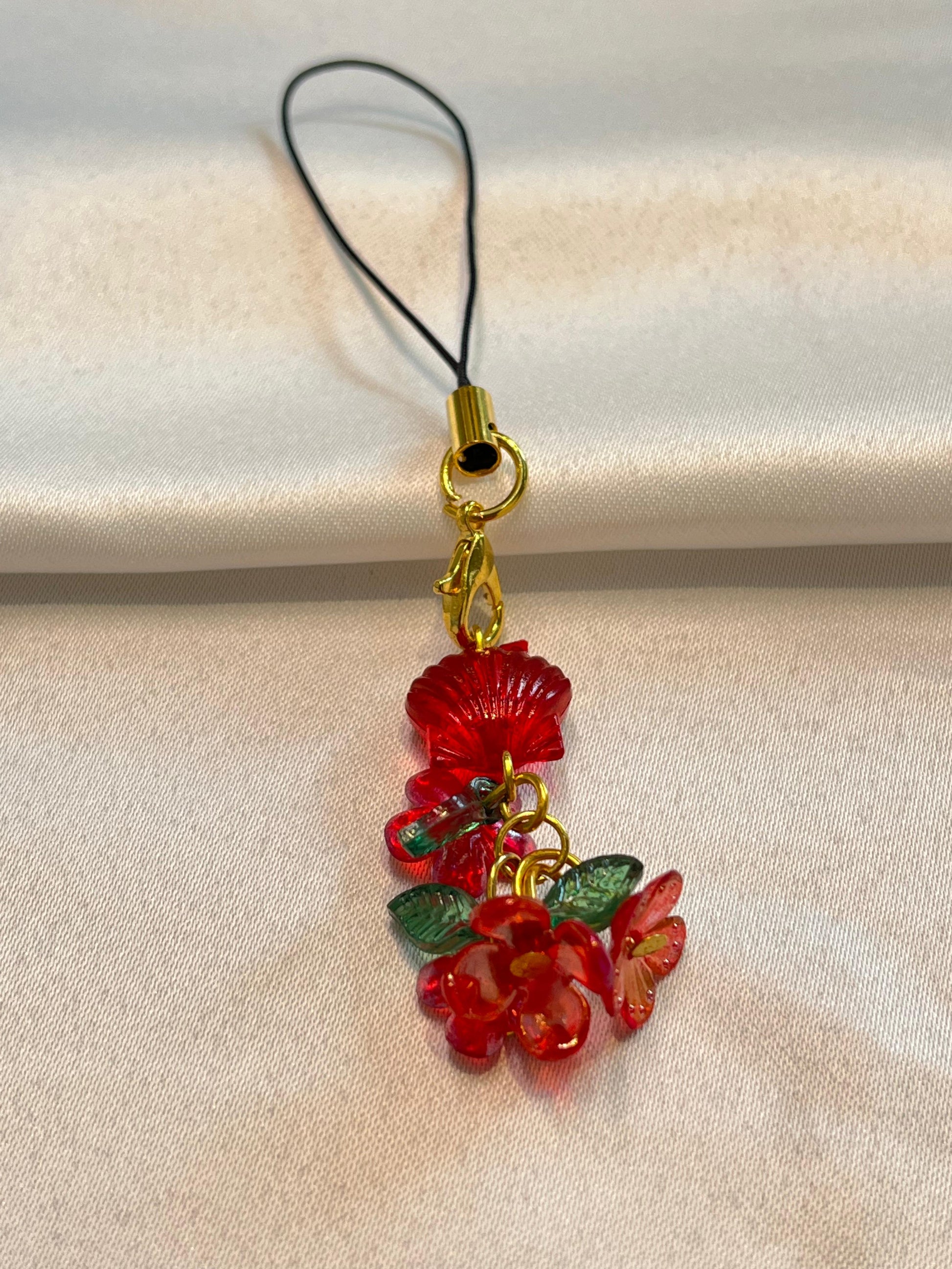 Blossom Bloom Charm| Red Floral Resin Keychain with Shell Accent | Cute Mini Accessory for Phones|Red shell|Red flowers