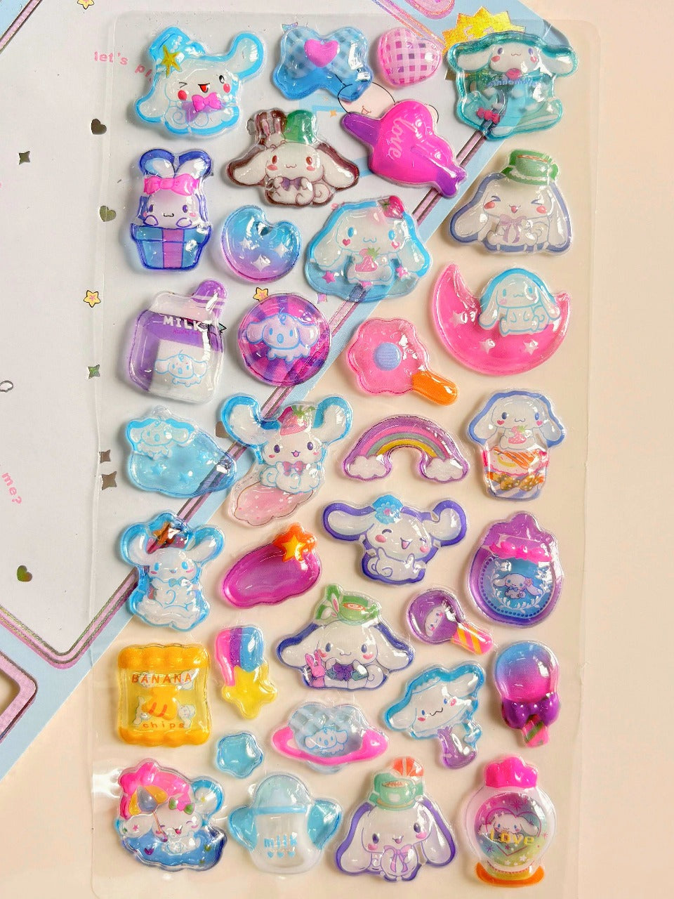 Cinnamoroll Puffy Sticker Sheet | Cute Kawaii Puppy with Hats, Rainbows, Milk Bottles & Moons | Journals, Scrapbooks & Collectibles