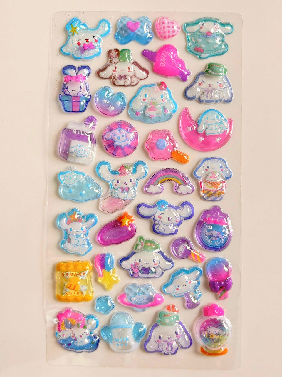 Cinnamoroll Puffy Sticker Sheet | Cute Kawaii Puppy with Hats, Rainbows, Milk Bottles & Moons | Journals, Scrapbooks & Collectibles