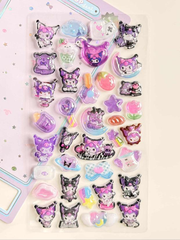Kuromi Puffy Sticker Sheet | Mischief & Kawaii Aesthetic with Bows, Moons, Stars & Candy | Journals, Scrapbooks & Collectibles