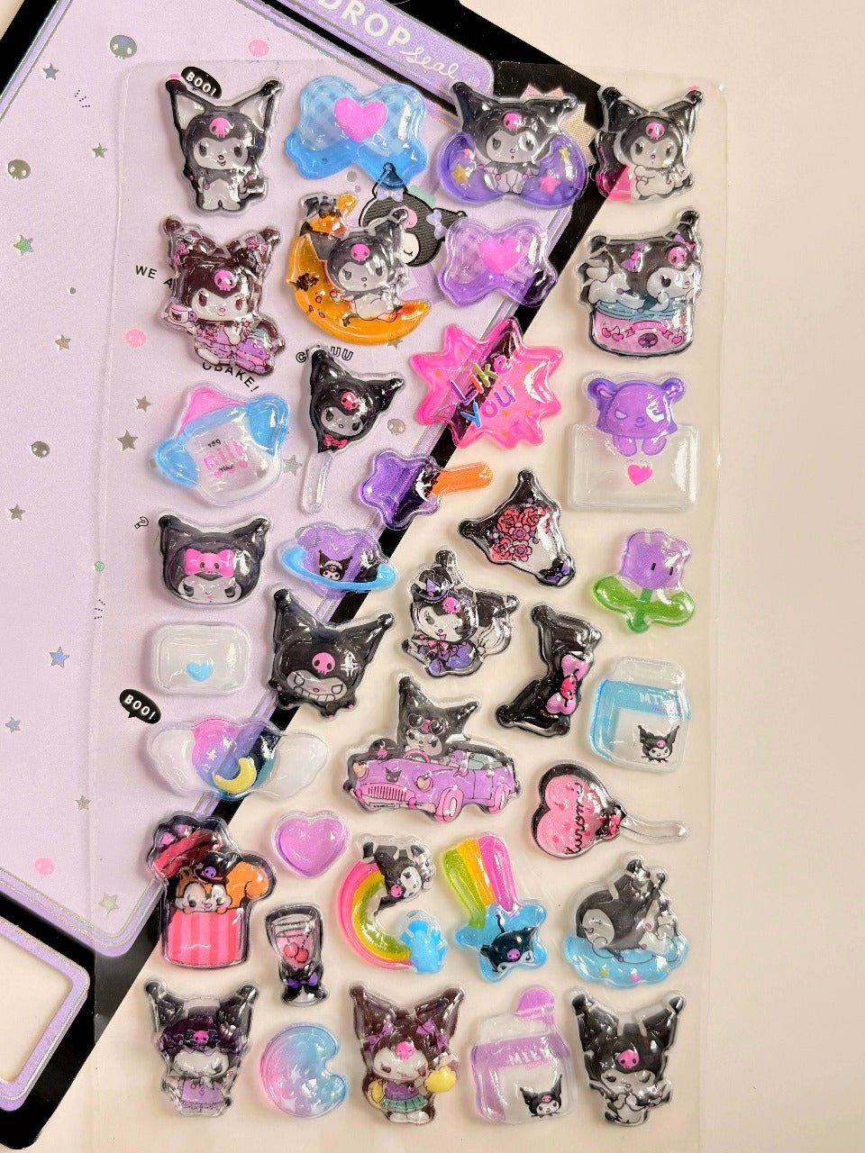 Kuromi Puffy Stickers | Sanrio Kawaii 3D Collection with Rainbow, Crescent Moon, Hearts, Car & Pastel Goth Vibes | Cute Puffy Sticker Sheet for Journals, Scrapbooks, Laptops & Crafts