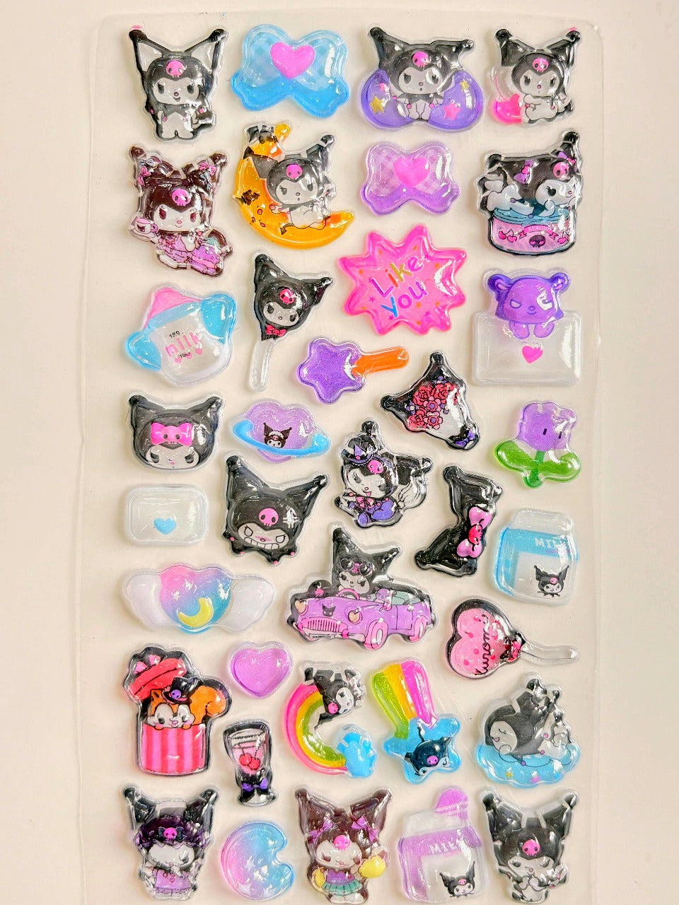 Kuromi Puffy Stickers | Sanrio Kawaii 3D Collection with Rainbow, Crescent Moon, Hearts, Car & Pastel Goth Vibes | Cute Puffy Sticker Sheet for Journals, Scrapbooks, Laptops & Crafts