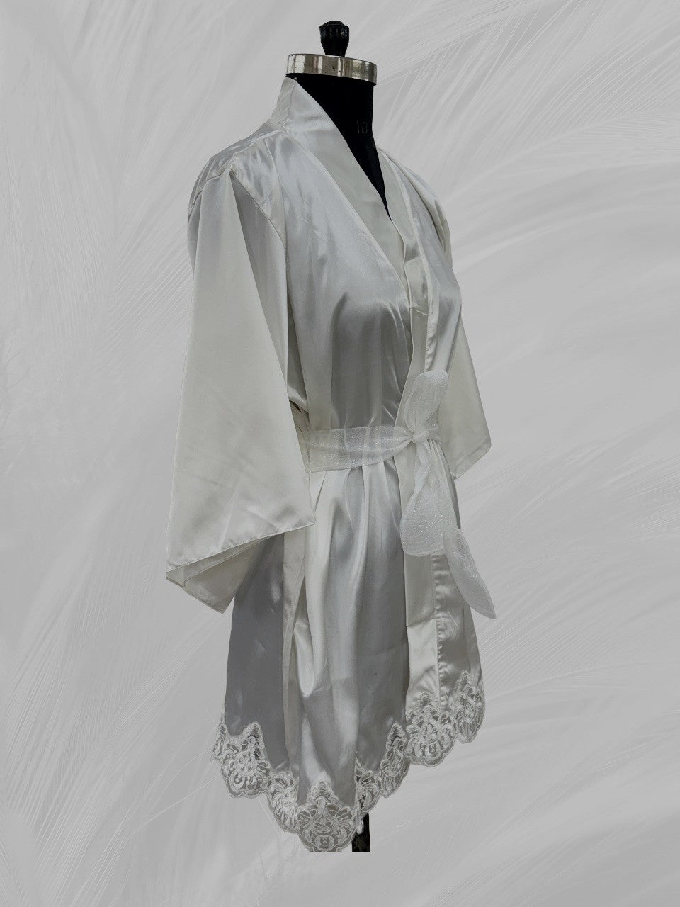 Bride Satin Robe with Lace Detailing | Elegant Short Satin Bridal Robe with Intricate Lace Finish | Wedding Morning & Photoshoot Outfit